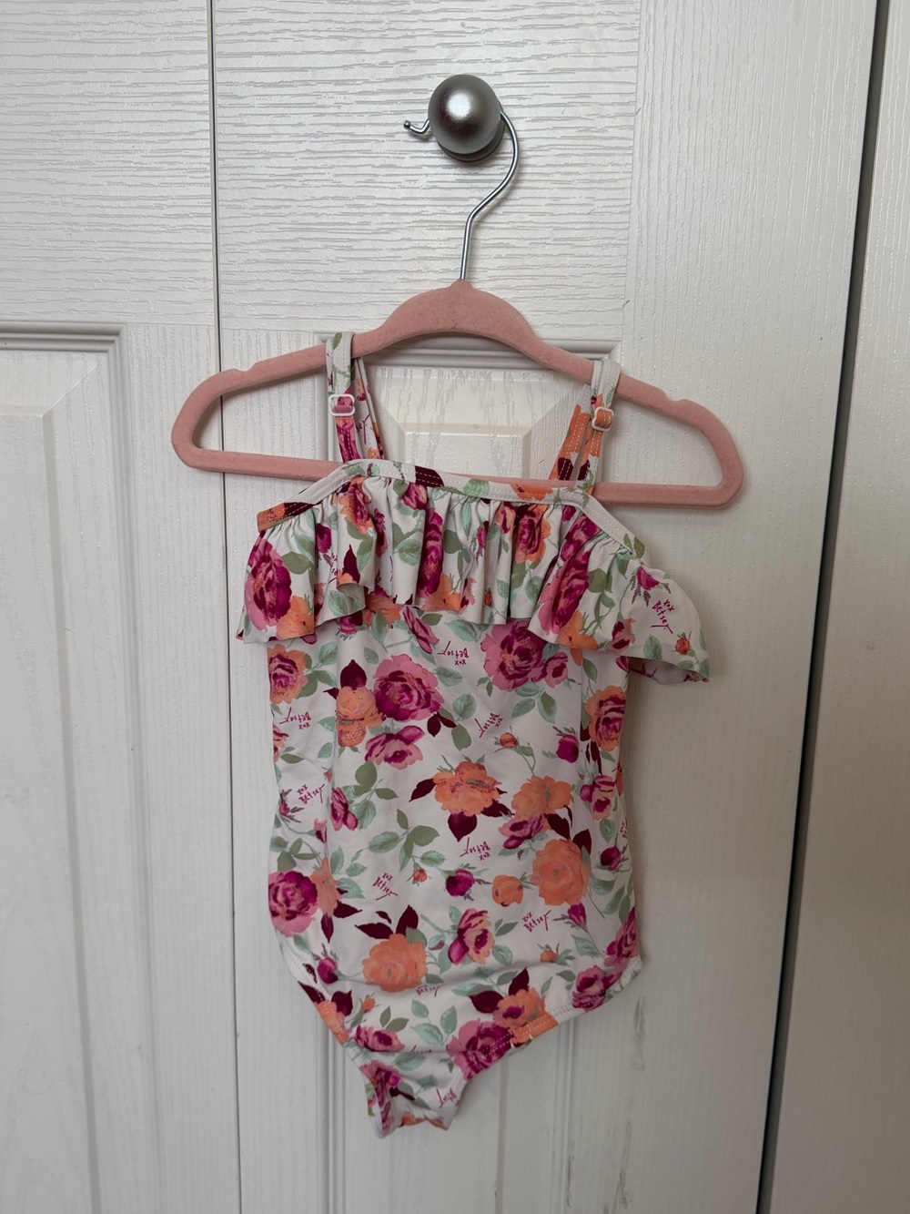 Floral Ruffle One-Piece Swimsuit - White with Pink & Orange Roses